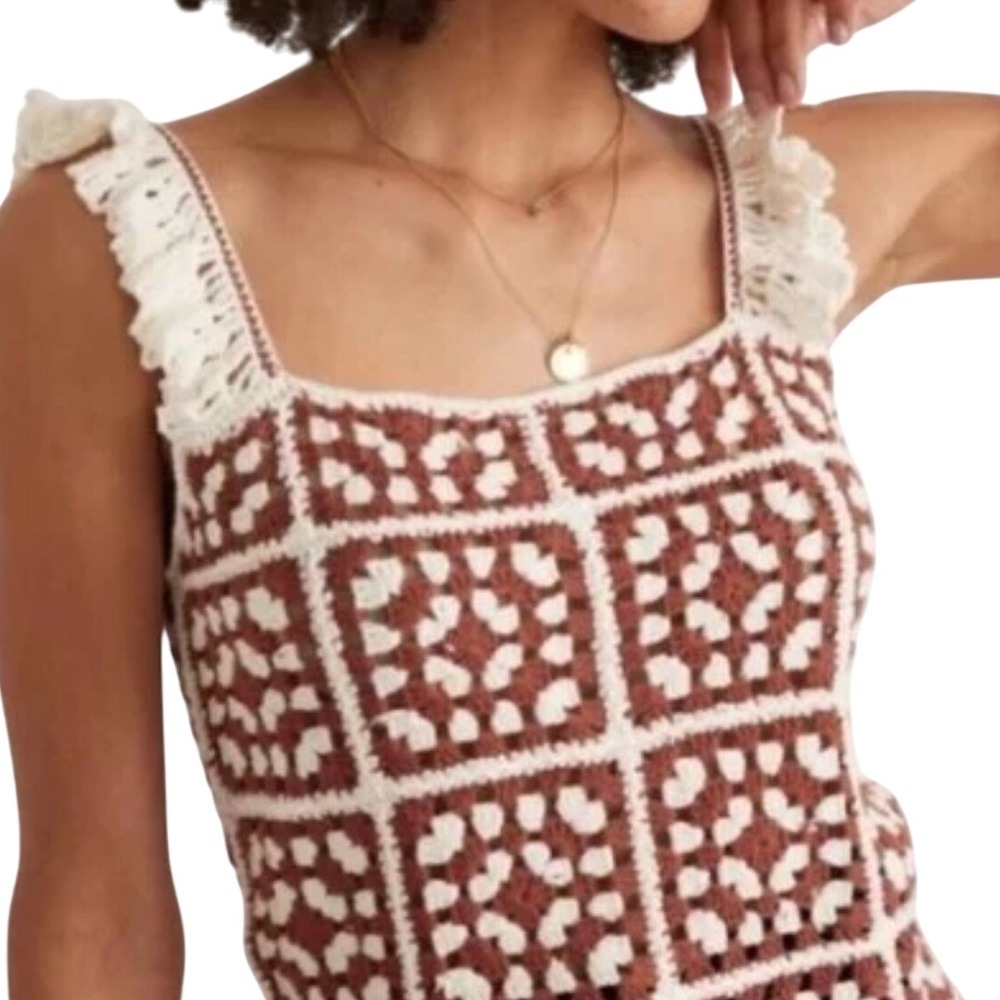 $128 MARINE LAYER Cora Crochet Knit Tank Top Ruffle Straps Brown Cream SZ XS EUC